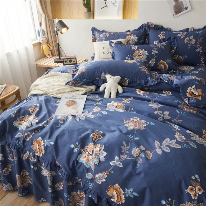 91家纺网 家纺一手货源 找家纺 十个点家纺 2020新款印花床裙四件套花月佳期蓝