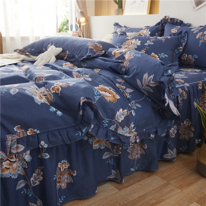 91家纺网 家纺一手货源 找家纺 十个点家纺 2020新款印花床裙四件套花月佳期蓝