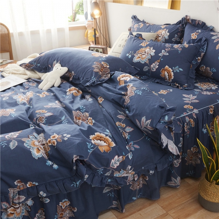 91家纺网 家纺一手货源 找家纺 十个点家纺 2020新款印花床裙四件套花月佳期蓝