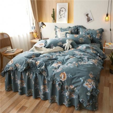 91家纺网 家纺一手货源 找家纺 十个点家纺 2020新款印花床裙四件套花月佳期墨绿