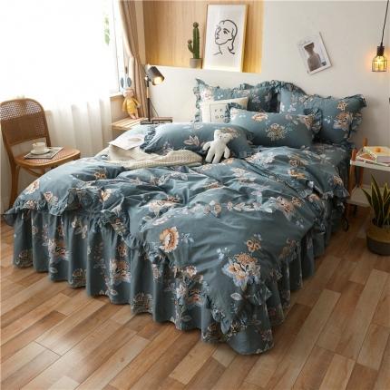 十个点家纺 2020新款印花床裙四件套花月佳期墨绿