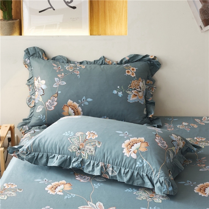 91家纺网 家纺一手货源 找家纺 十个点家纺 2020新款印花床裙四件套花月佳期墨绿