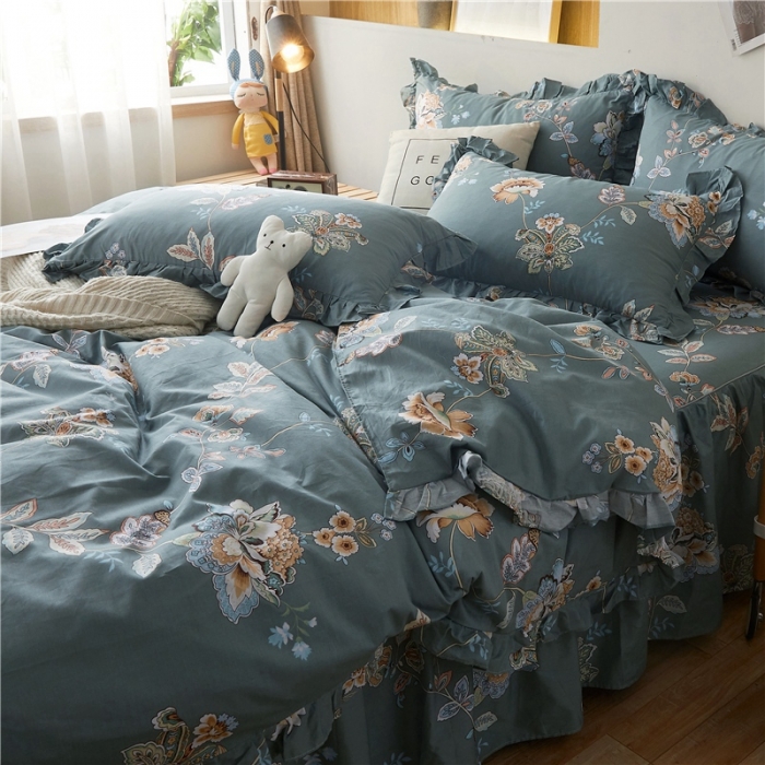 91家纺网 家纺一手货源 找家纺 十个点家纺 2020新款印花床裙四件套花月佳期墨绿