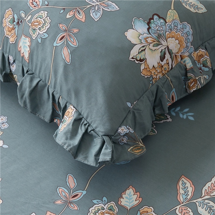 91家纺网 家纺一手货源 找家纺 十个点家纺 2020新款印花床裙四件套花月佳期墨绿