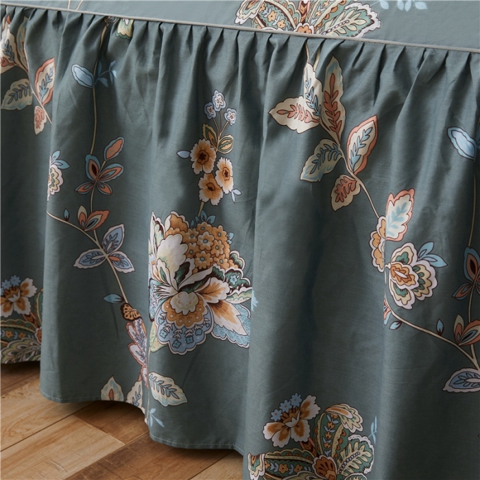 91家纺网 家纺一手货源 找家纺 十个点家纺 2020新款印花床裙四件套花月佳期墨绿