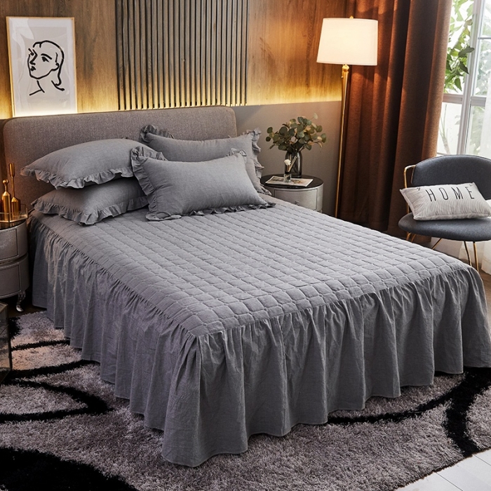 91家纺网 家纺一手货源 找家纺 十个点家纺2020新款夹棉单件床裙 浅灰