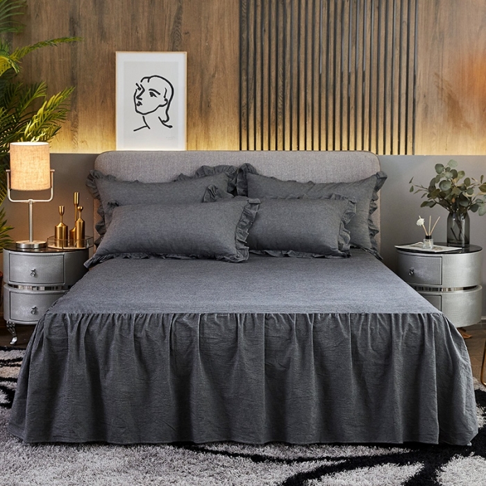 91家纺网 家纺一手货源 找家纺 十个点家纺 2020新款单层床裙三件套 深灰