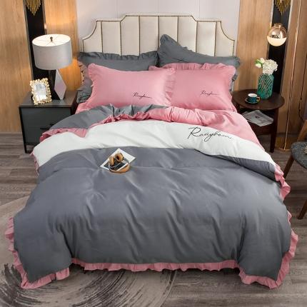 91家纺网 家纺一手货源 找家纺 (总) 金米诺 2020韩版荷花拼色绣花磨毛水洗棉四件套