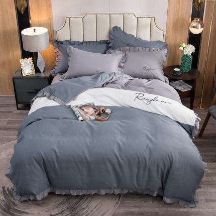 91家纺网 家纺一手货源 找家纺 (总) 金米诺 2020韩版荷花拼色绣花磨毛水洗棉四件套