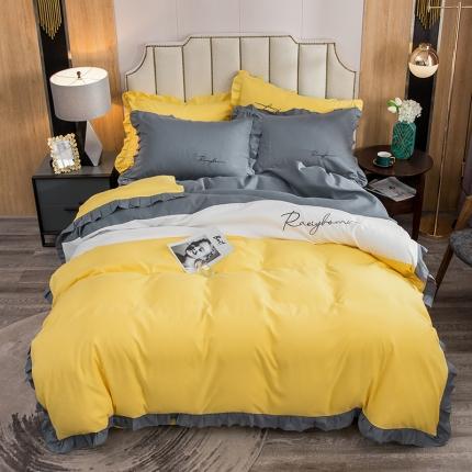 91家纺网 家纺一手货源 找家纺 (总) 金米诺 2020韩版荷花拼色绣花磨毛水洗棉四件套