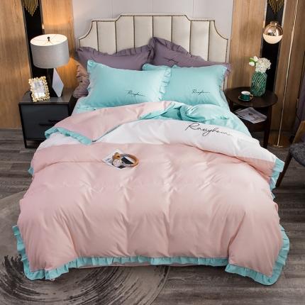 91家纺网 家纺一手货源 找家纺 (总) 金米诺 2020韩版荷花拼色绣花磨毛水洗棉四件套