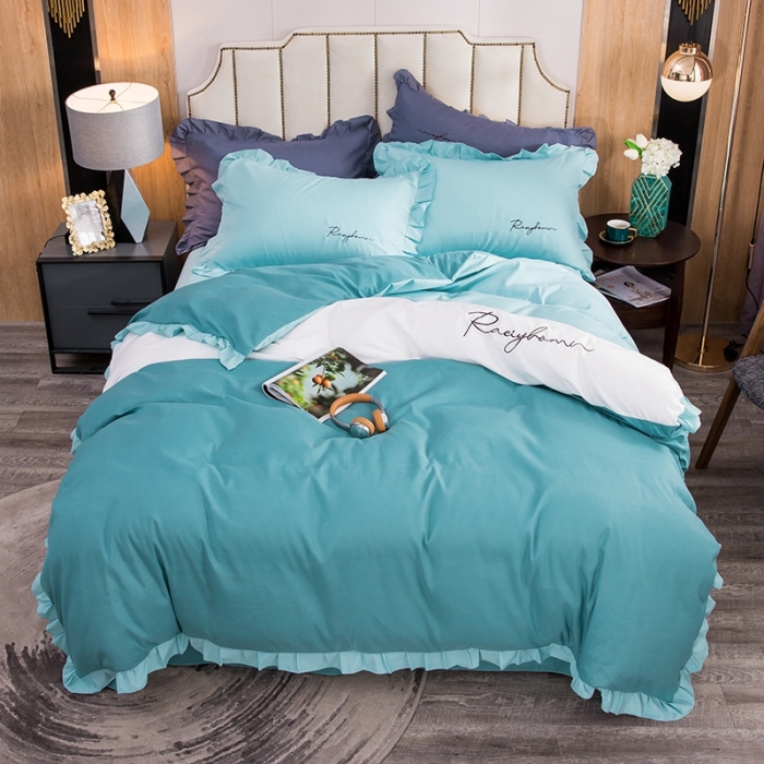 91家纺网 家纺一手货源 找家纺 金米诺 2020韩版荷花拼色绣花磨毛水洗棉四件套 宾利蓝