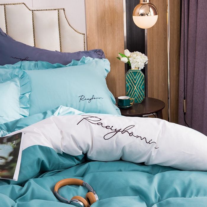 91家纺网 家纺一手货源 找家纺 金米诺 2020韩版荷花拼色绣花磨毛水洗棉四件套 宾利蓝