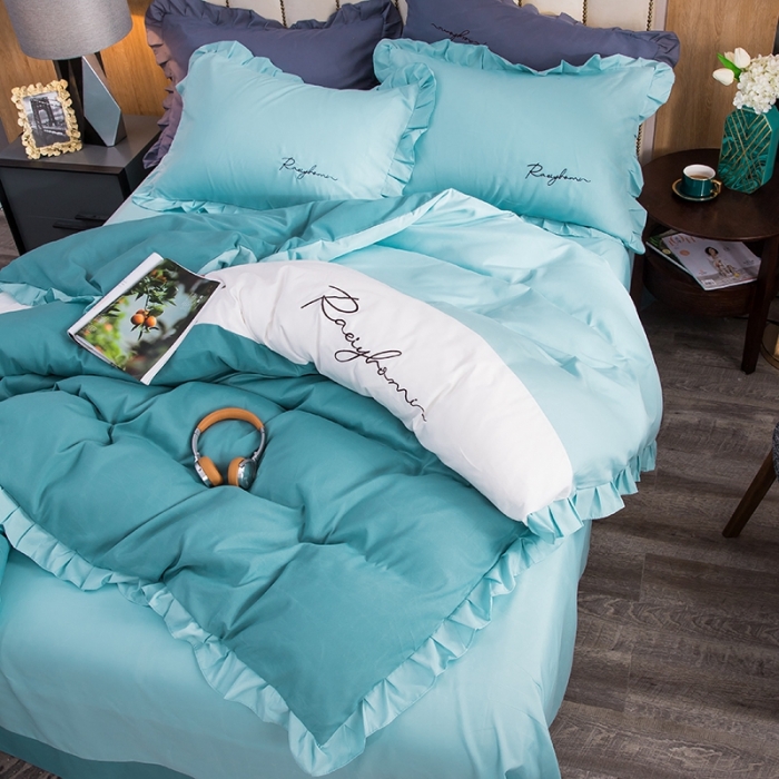 91家纺网 家纺一手货源 找家纺 金米诺 2020韩版荷花拼色绣花磨毛水洗棉四件套 宾利蓝