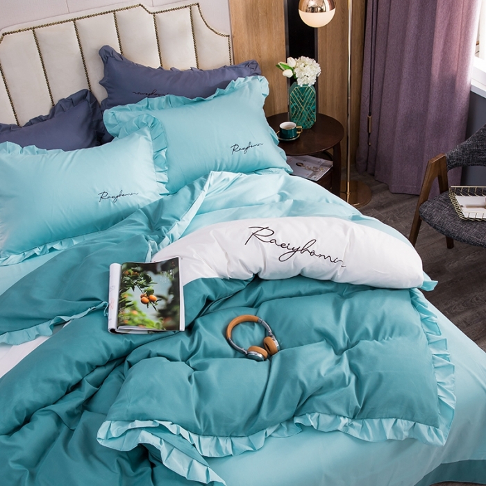 91家纺网 家纺一手货源 找家纺 金米诺 2020韩版荷花拼色绣花磨毛水洗棉四件套 宾利蓝