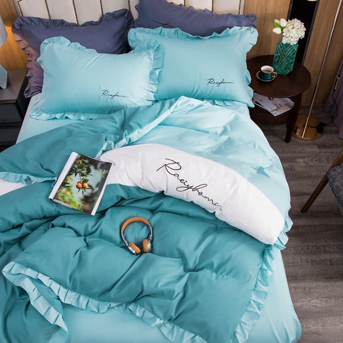 91家纺网 家纺一手货源 找家纺 金米诺 2020韩版荷花拼色绣花磨毛水洗棉四件套 宾利蓝