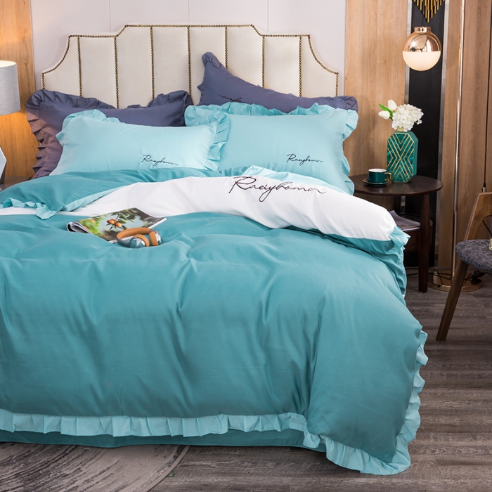 91家纺网 家纺一手货源 找家纺 金米诺 2020韩版荷花拼色绣花磨毛水洗棉四件套 宾利蓝