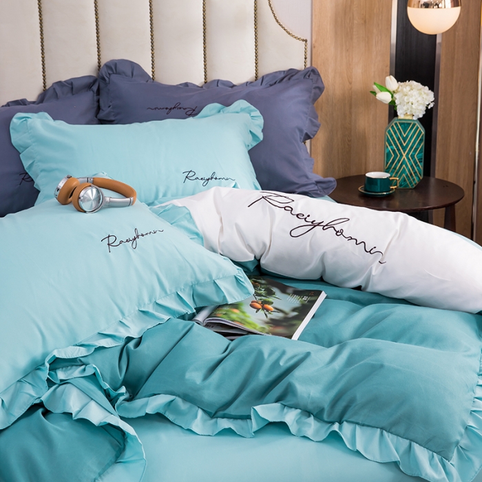 91家纺网 家纺一手货源 找家纺 金米诺 2020韩版荷花拼色绣花磨毛水洗棉四件套 宾利蓝