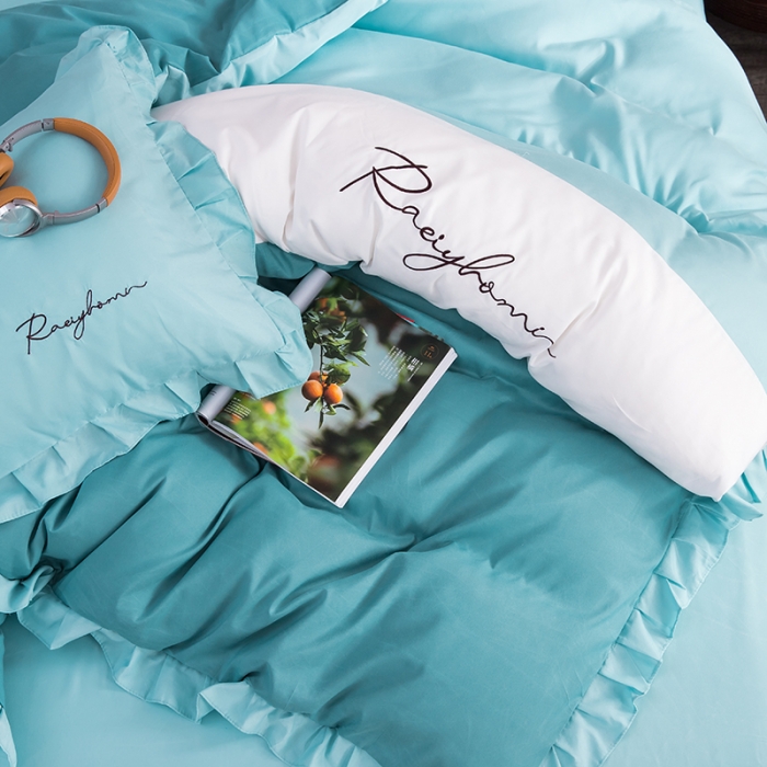 91家纺网 家纺一手货源 找家纺 金米诺 2020韩版荷花拼色绣花磨毛水洗棉四件套 宾利蓝