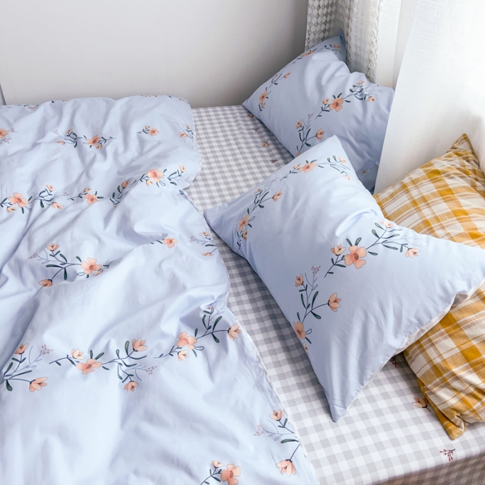 91家纺网 家纺一手货源 找家纺 窝米 2020新款13370小清新花卉风系列四件套 花瑾蓝