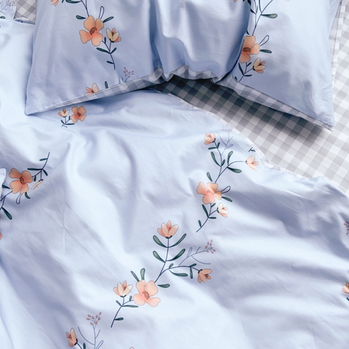 91家纺网 家纺一手货源 找家纺 窝米 2020新款13370小清新花卉风系列四件套 花瑾蓝