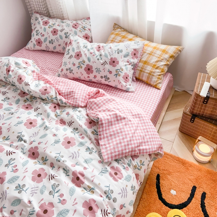 91家纺网 家纺一手货源 找家纺 窝米 2020新款13370小清新花卉风系列四件套 一芳红