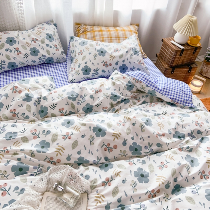 91家纺网 家纺一手货源 找家纺 窝米 2020新款13370小清新花卉风系列四件套 一芳蓝