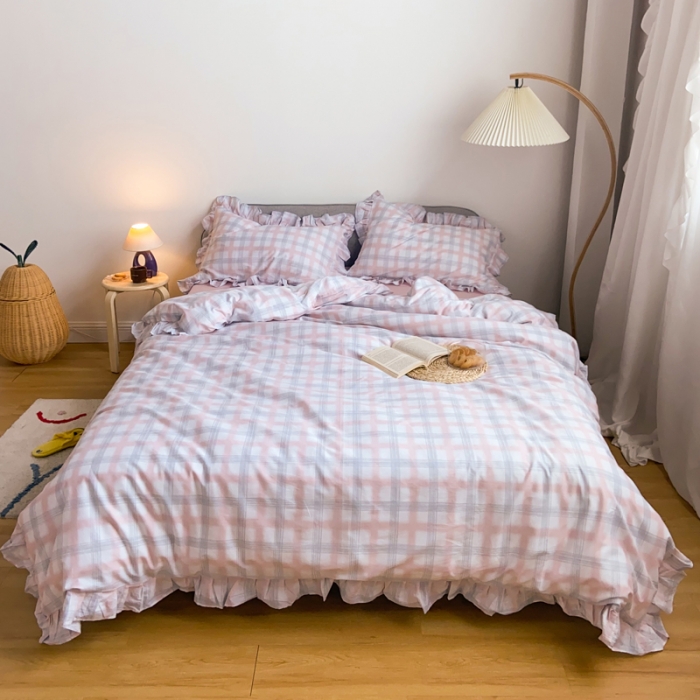 91家纺网 家纺一手货源 找家纺 窝米2020新款13372工艺款韩版风格子花边四件套 粉格