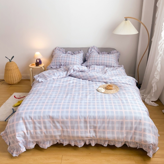 91家纺网 家纺一手货源 找家纺 窝米2020新款13372工艺款韩版风格子花边四件套 灰格