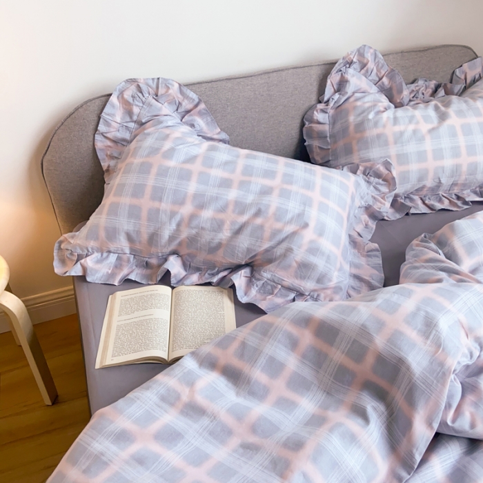 91家纺网 家纺一手货源 找家纺 窝米2020新款13372工艺款韩版风格子花边四件套 灰格