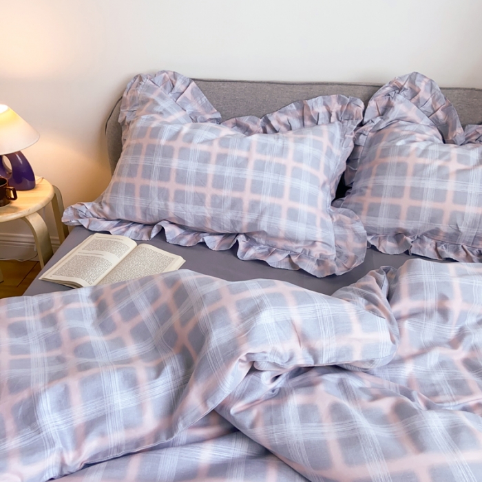 91家纺网 家纺一手货源 找家纺 窝米2020新款13372工艺款韩版风格子花边四件套 灰格