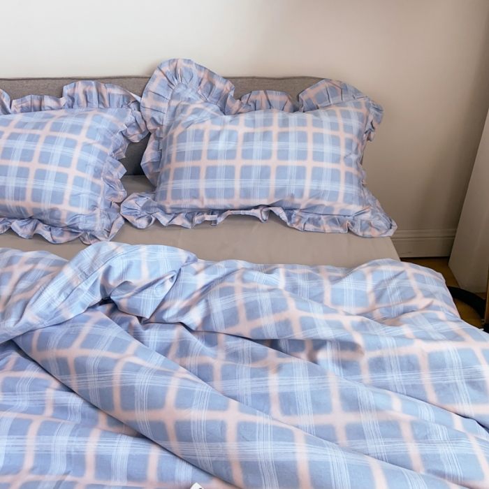 91家纺网 家纺一手货源 找家纺 窝米2020新款13372工艺款韩版风格子花边四件套 蓝粉格