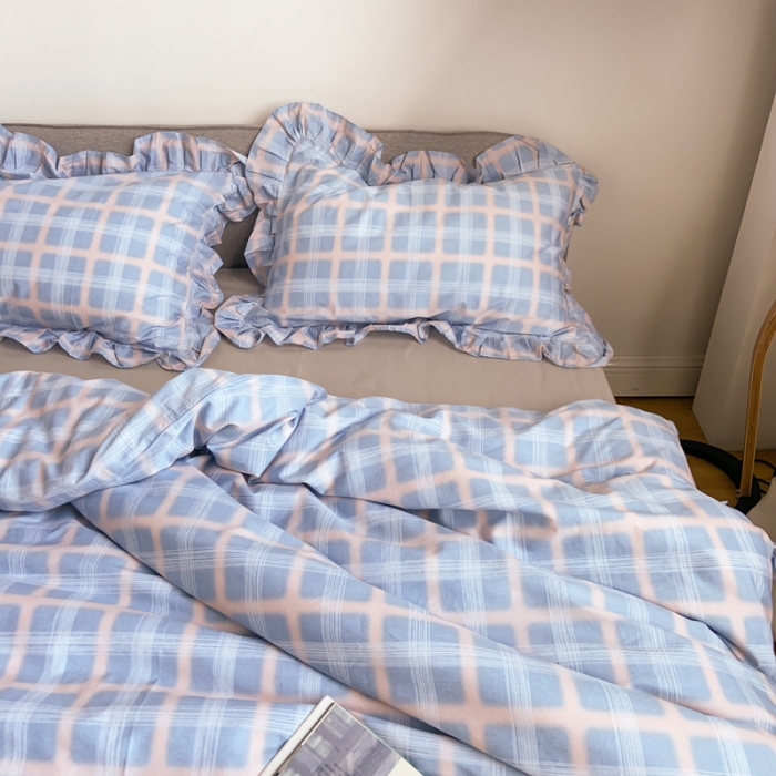 91家纺网 家纺一手货源 找家纺 窝米2020新款13372工艺款韩版风格子花边四件套 蓝粉格