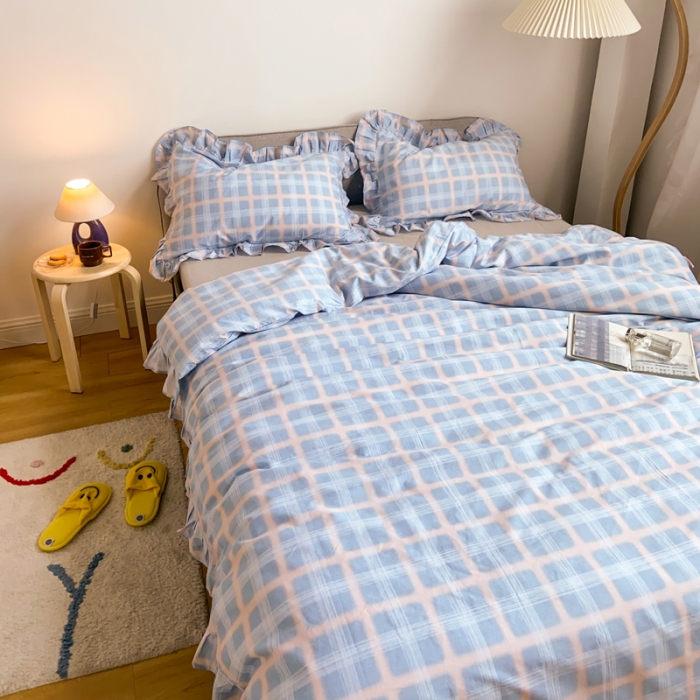 91家纺网 家纺一手货源 找家纺 窝米2020新款13372工艺款韩版风格子花边四件套 蓝粉格