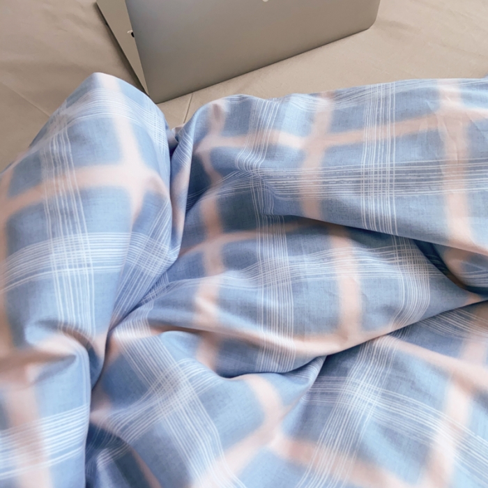 91家纺网 家纺一手货源 找家纺 窝米2020新款13372工艺款韩版风格子花边四件套 蓝粉格