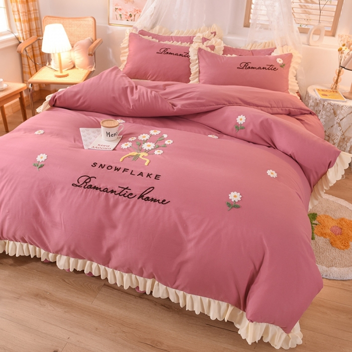 91家纺网 家纺一手货源 找家纺 梦之岛 2020新款唯美系列毛巾绣床裙款四件套 唯美-豆沙红