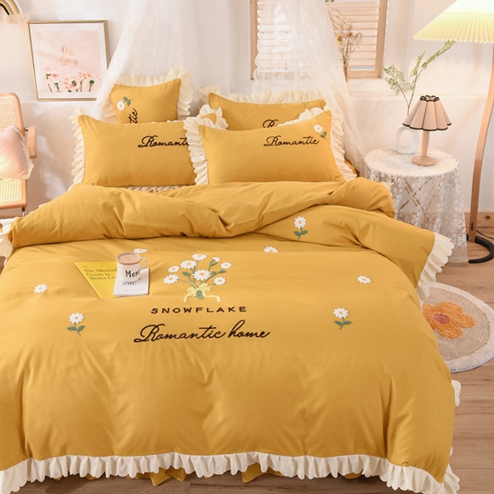 91家纺网 家纺一手货源 找家纺 梦之岛 2020新款唯美系列毛巾绣床裙款四件套 唯美-姜黄