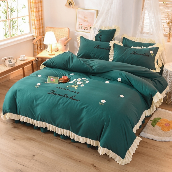 91家纺网 家纺一手货源 找家纺 梦之岛 2020新款唯美系列毛巾绣床裙款四件套 唯美-墨绿