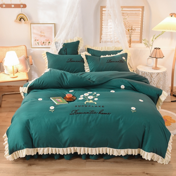 91家纺网 家纺一手货源 找家纺 梦之岛 2020新款唯美系列毛巾绣床裙款四件套 唯美-墨绿