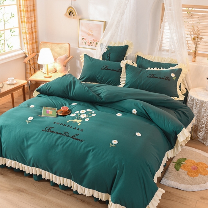 91家纺网 家纺一手货源 找家纺 梦之岛 2020新款唯美系列毛巾绣床裙款四件套 唯美-墨绿
