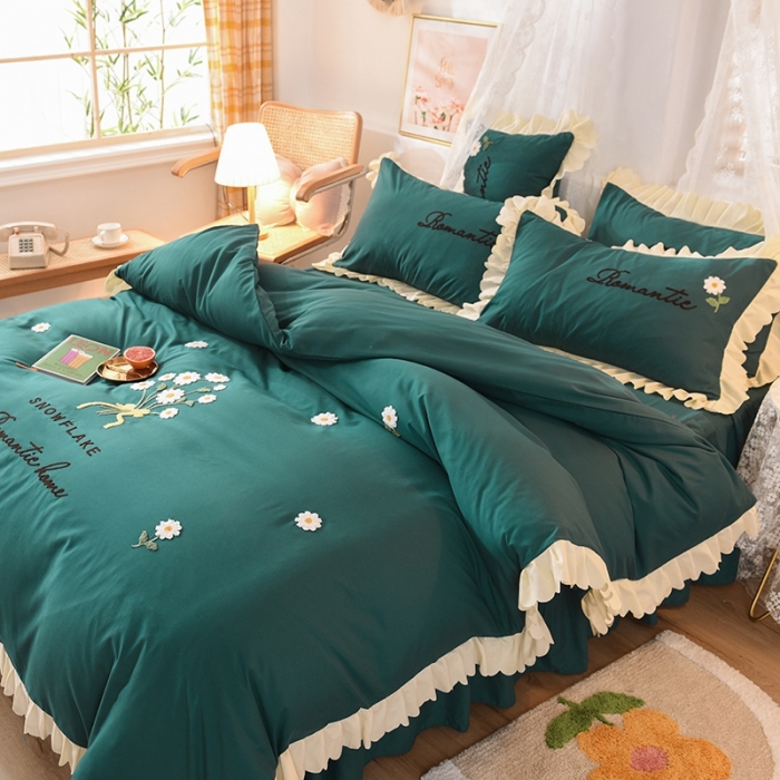 91家纺网 家纺一手货源 找家纺 梦之岛 2020新款唯美系列毛巾绣床裙款四件套 唯美-墨绿