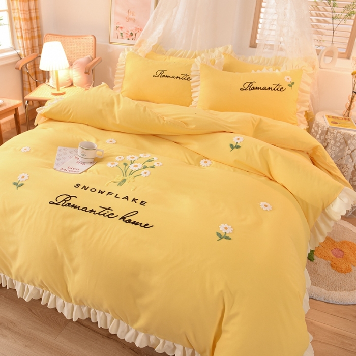 91家纺网 家纺一手货源 找家纺 梦之岛 2020新款唯美系列毛巾绣床裙款四件套 唯美-浅黄