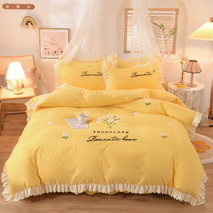 91家纺网 家纺一手货源 找家纺 梦之岛 2020新款唯美系列毛巾绣床裙款四件套 唯美-浅黄