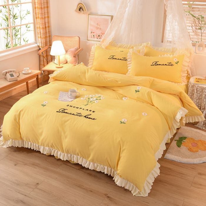 91家纺网 家纺一手货源 找家纺 梦之岛 2020新款唯美系列毛巾绣床裙款四件套 唯美-浅黄