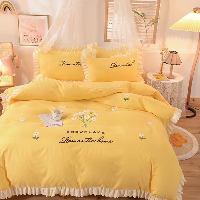 91家纺网 家纺一手货源 找家纺 梦之岛 2020新款唯美系列毛巾绣床裙款四件套 唯美-浅黄