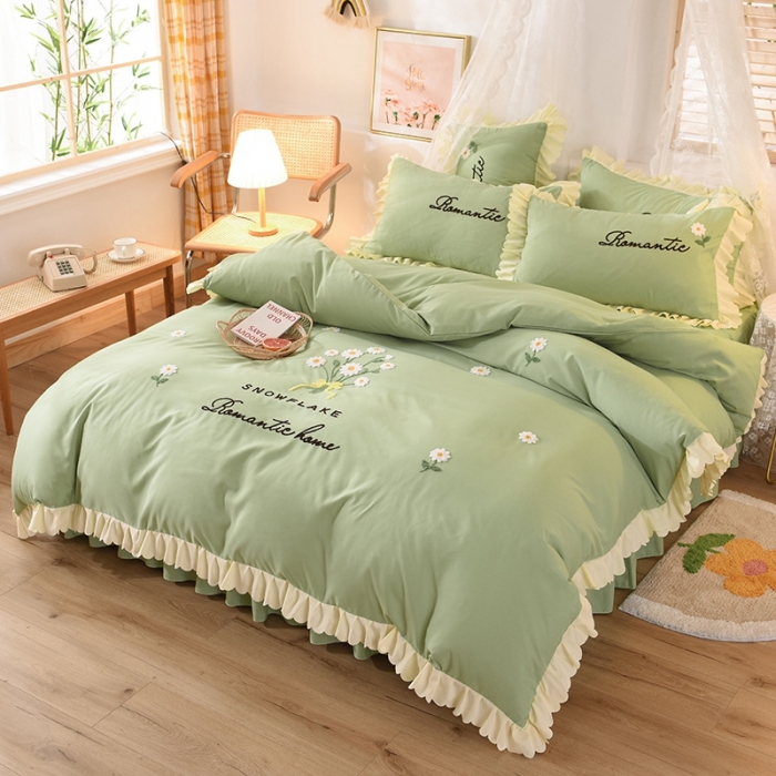 91家纺网 家纺一手货源 找家纺 梦之岛 2020新款唯美系列毛巾绣床裙款四件套 唯美-清新绿