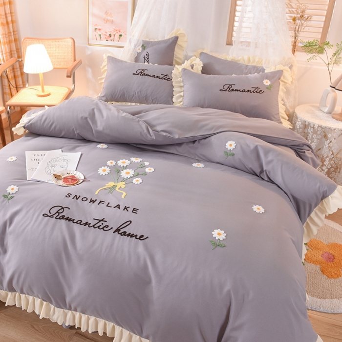 91家纺网 家纺一手货源 找家纺 梦之岛 2020新款唯美系列毛巾绣床裙款四件套 唯美-雅致灰