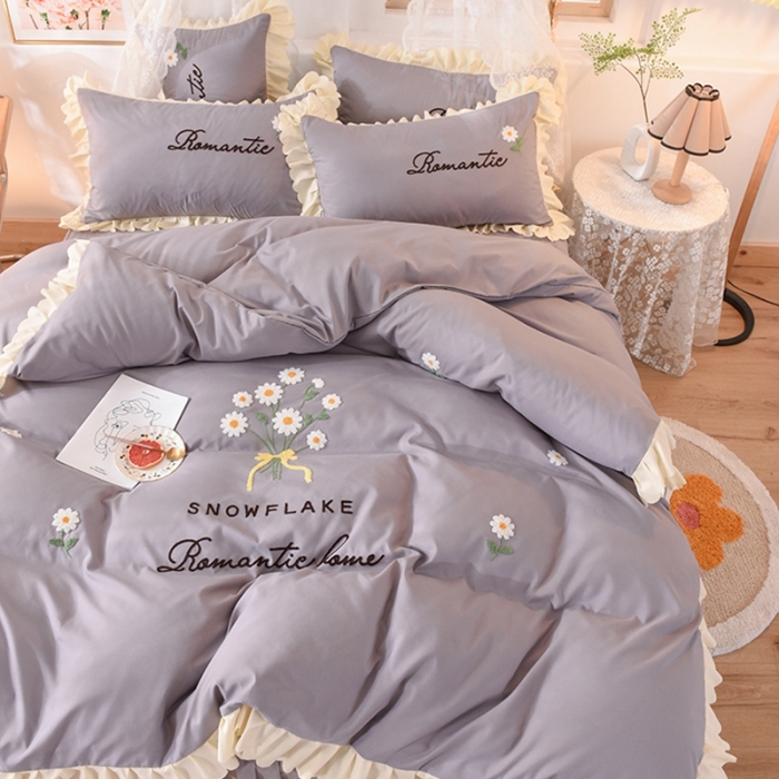 91家纺网 家纺一手货源 找家纺 梦之岛 2020新款唯美系列毛巾绣床裙款四件套 唯美-雅致灰