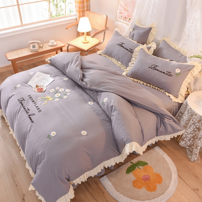 91家纺网 家纺一手货源 找家纺 梦之岛 2020新款唯美系列毛巾绣床裙款四件套 唯美-雅致灰