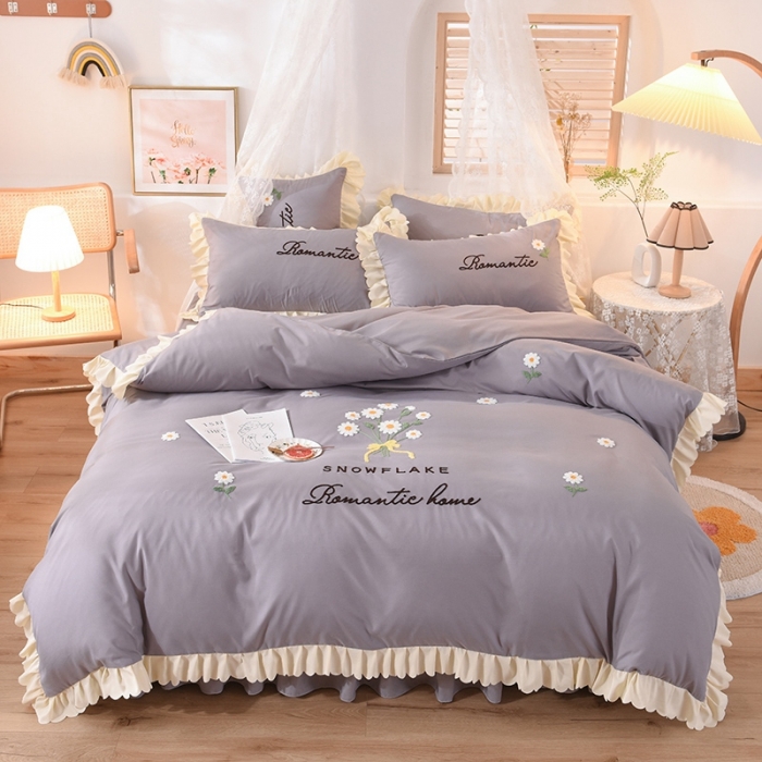 91家纺网 家纺一手货源 找家纺 梦之岛 2020新款唯美系列毛巾绣床裙款四件套 唯美-雅致灰